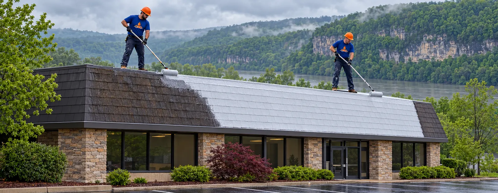 Crew coating a shingle section on a commercial building