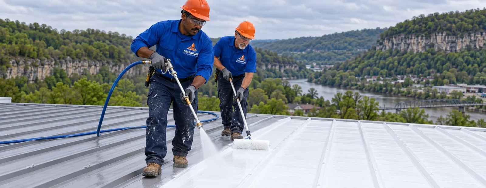 Crew in logo uniforms rolling coating across a commercial metal roof in Frankfort, KY
