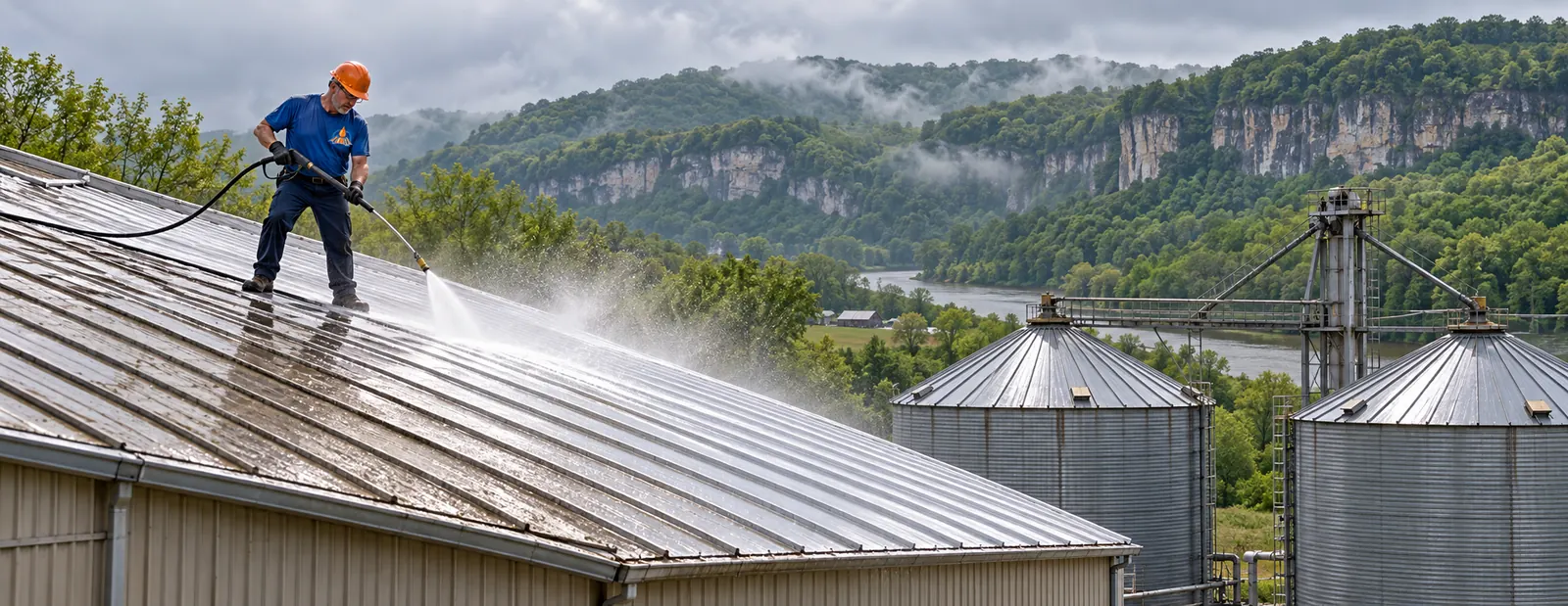 Crew preparing rusted metal roof panels before coating